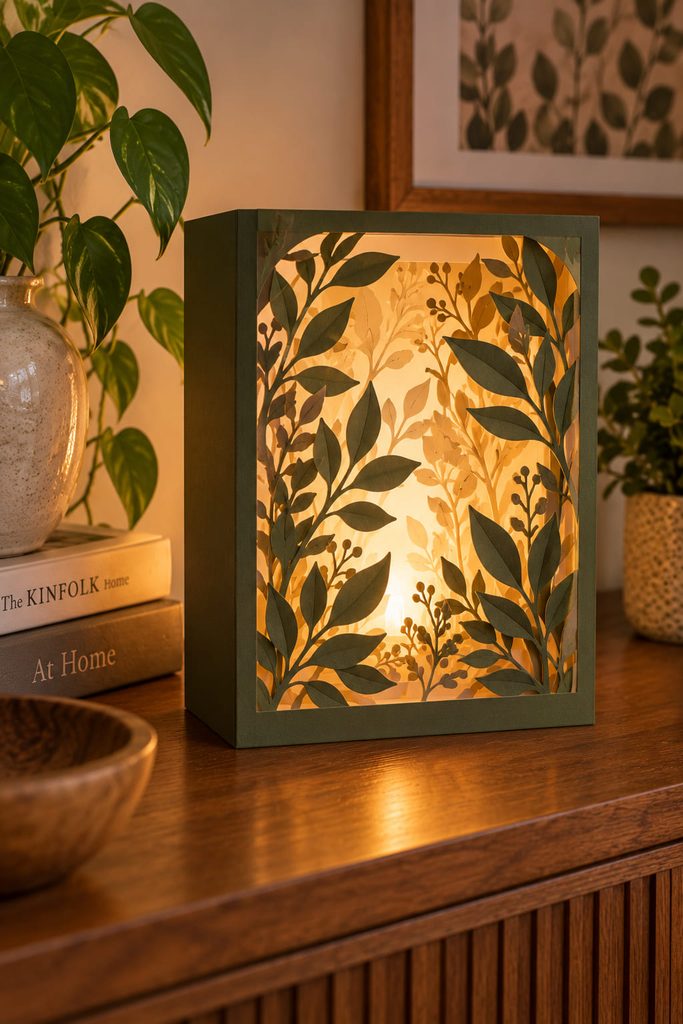 Layered botanical paper lantern box with cut leaf openings and a soft vellum glow.