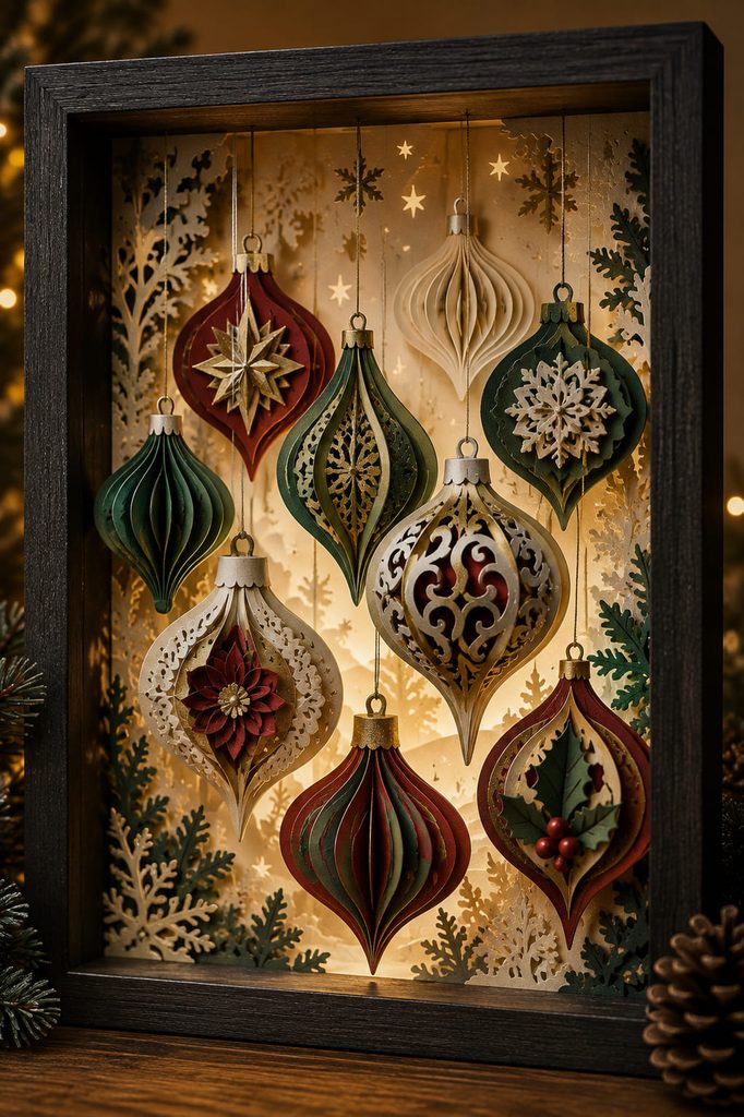 Hanging layered paper ornaments arranged at different depths inside a Christmas shadow box.