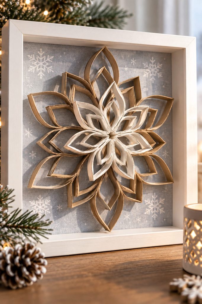 Layered cardboard-tube snowflakes raised on spacers inside a shallow shadowbox with visible side shadows.