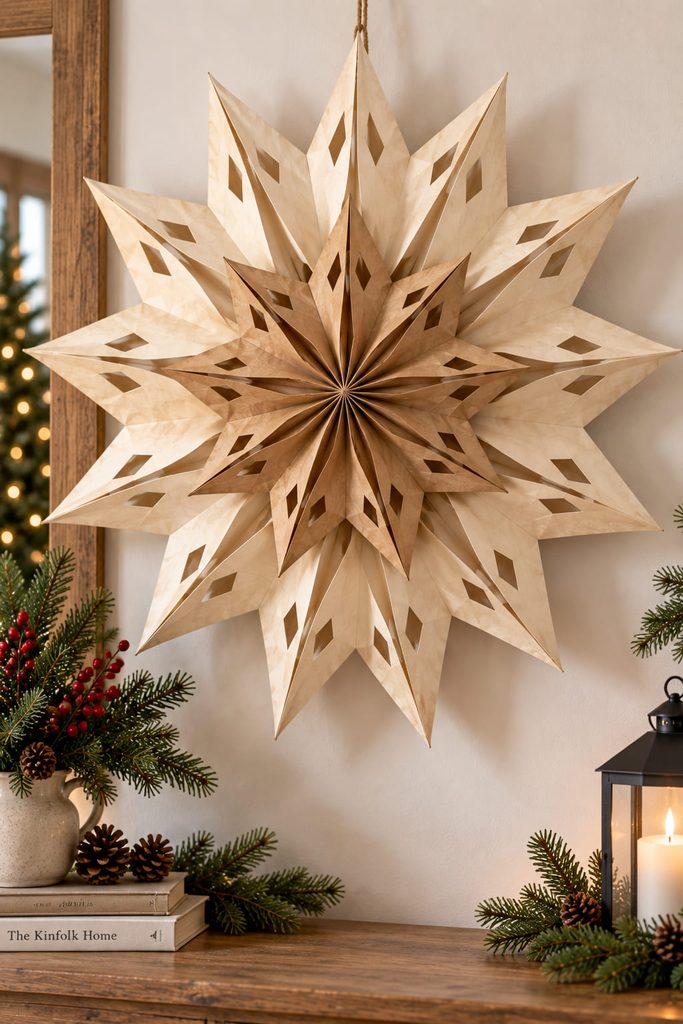 Nested double paper bag star medallion with a smaller kraft star layered over a cream outer star.