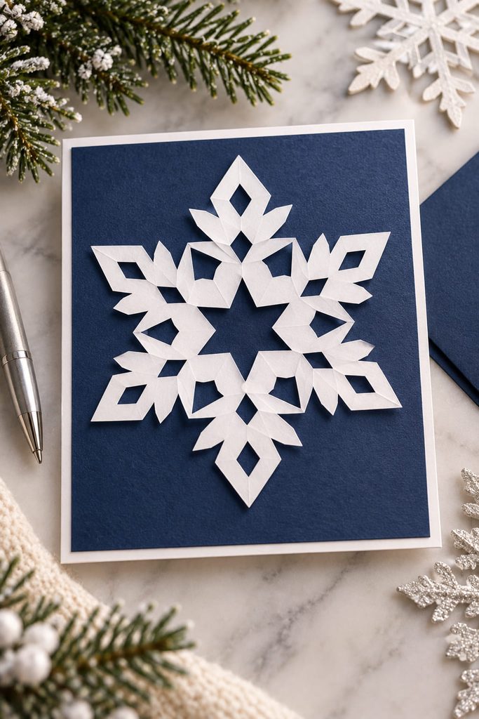 White paper snowflake with an open star center mounted over deep navy paper.