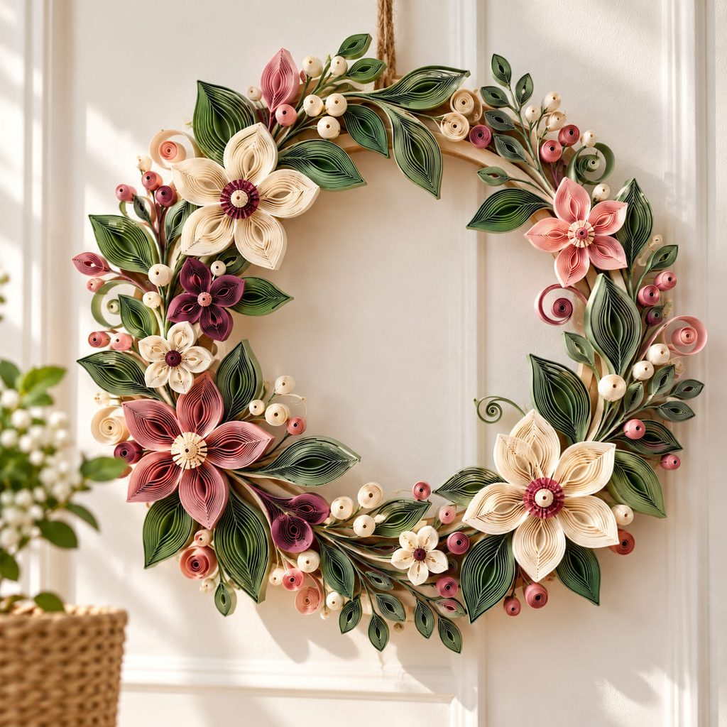 Openwork quilled paper wreath with leaves and flowers hanging on an interior wall.