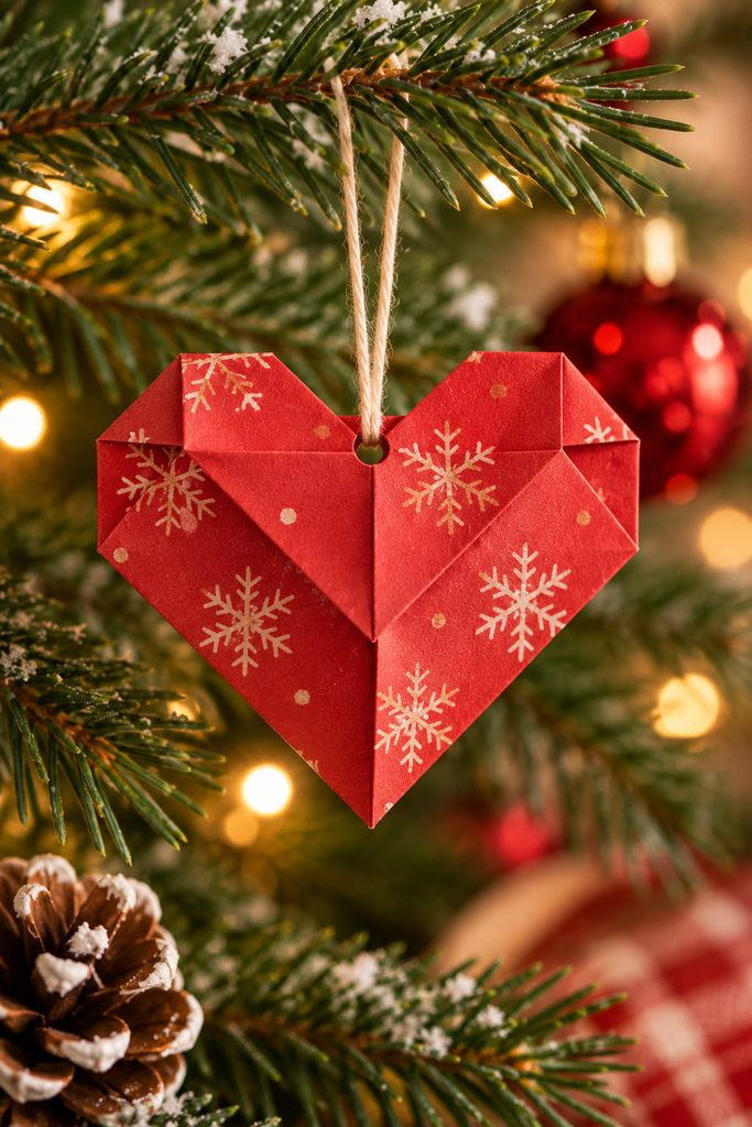 Red folded paper heart ornament hanging from an evergreen Christmas branch.