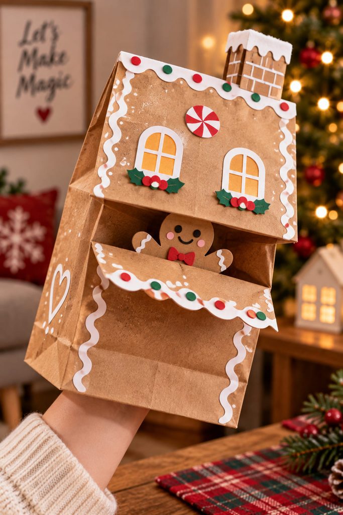 Kraft paper bag gingerbread house puppet with its bottom flap lifted to reveal a small paper character.