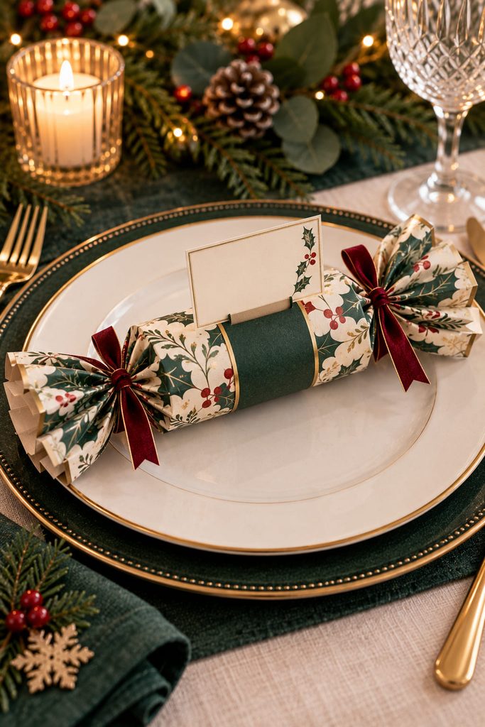 Christmas cracker with a removable band and blank upright place-card fin above a dinner plate.