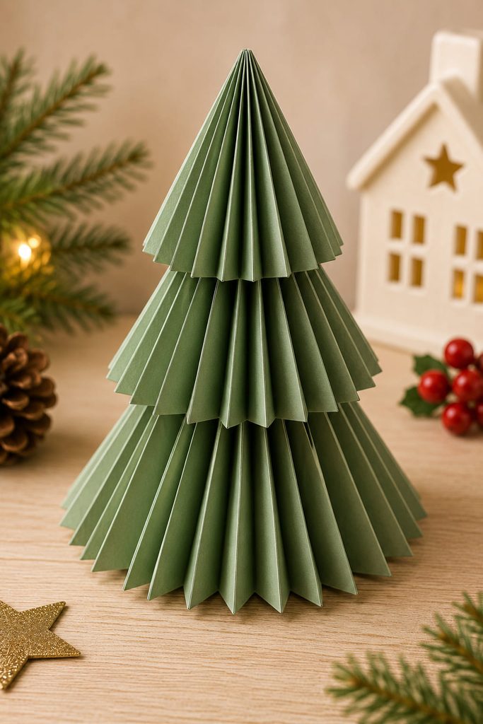 Pleated fan origami Christmas tree with narrow ridges spreading toward the base.
