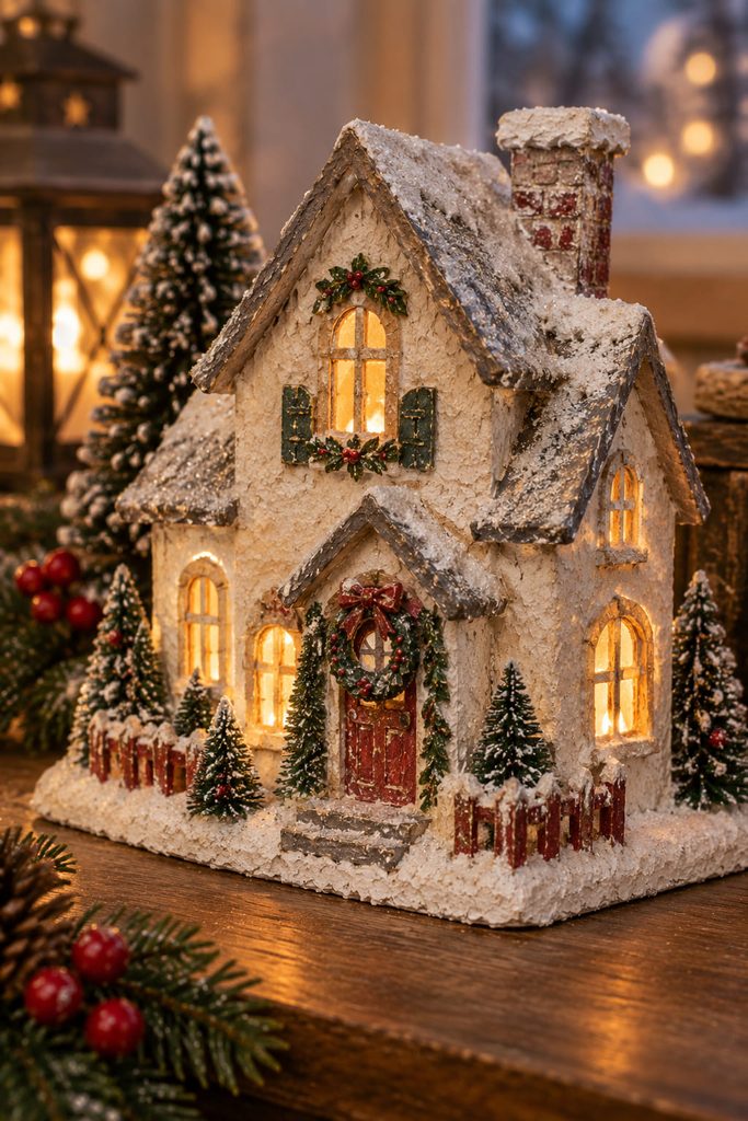 Small putz-inspired paper-mache Christmas house luminary glowing through vellum windows with a cool battery-powered LED inside.