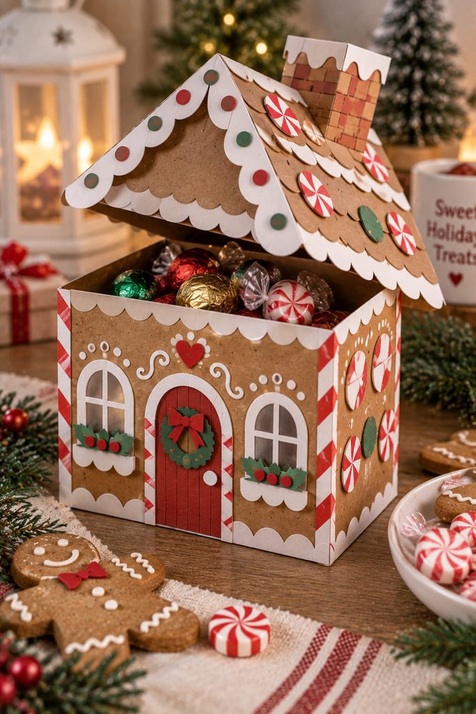 Gabled gingerbread treat box with a removable cardstock roof lifted to reveal wrapped holiday candies.