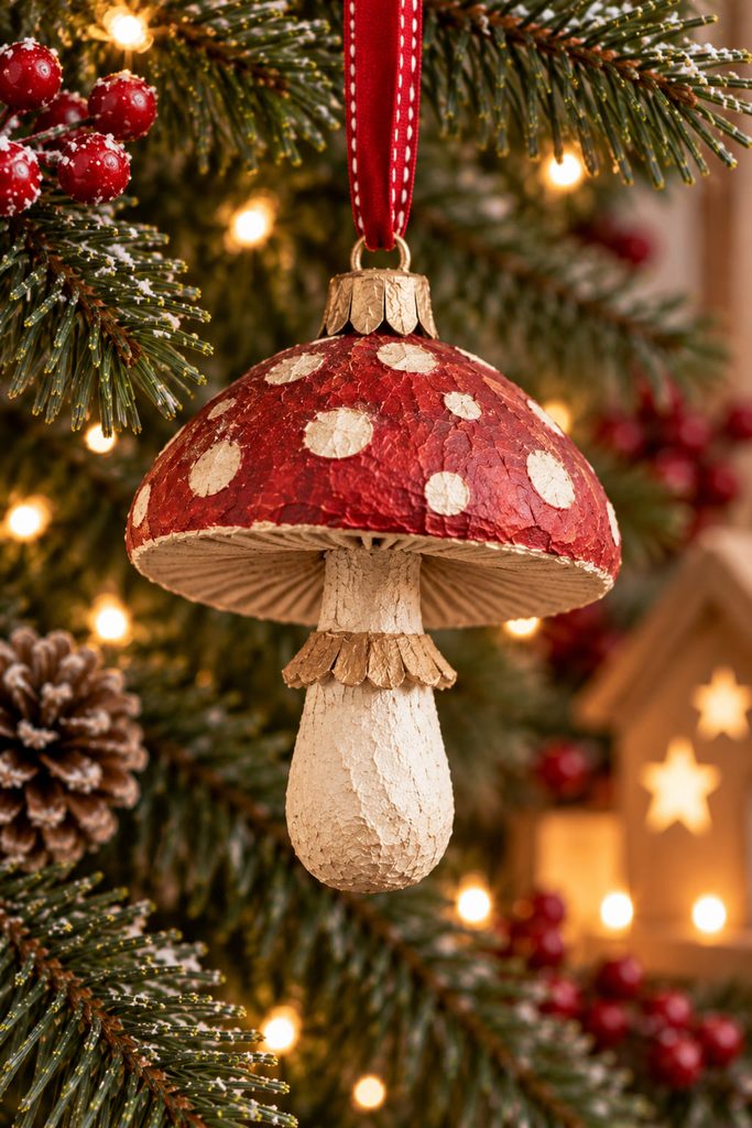 Retro paper-mache mushroom ornament with a wide painted cap and centered ivory stem.