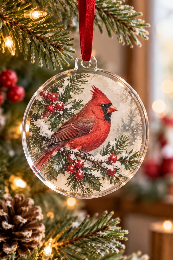 Clear disc ornament with a reverse-decoupaged winter motif, transparent border, pale backing, and ribbon loop.