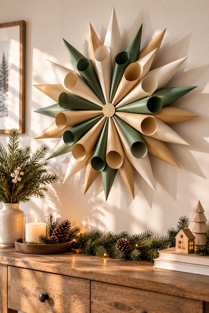 Rolled cardstock cone starburst mounted as deep sculptural paper wall decor.