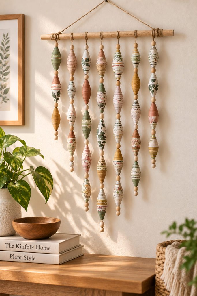 Rolled paper bead fringe hanging from a slim dowel with staggered vertical strands.