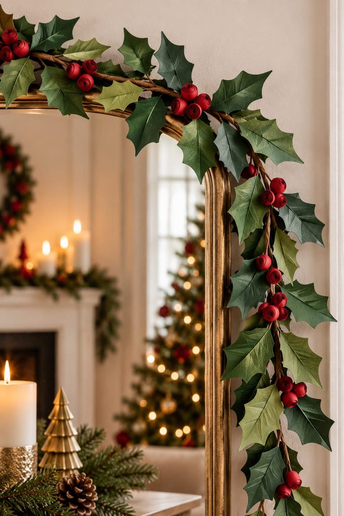 Sculpted cardstock holly-leaf vine garland curved around a holiday mirror.