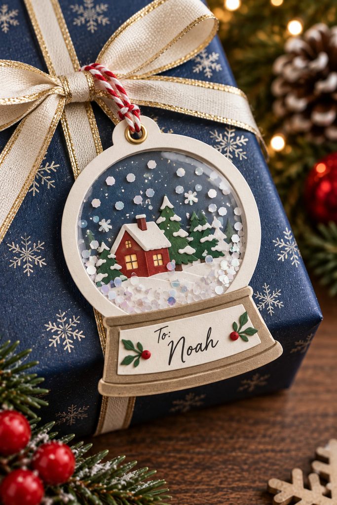 Snow globe shaker tag with clear acetate and loose paper snow confetti.