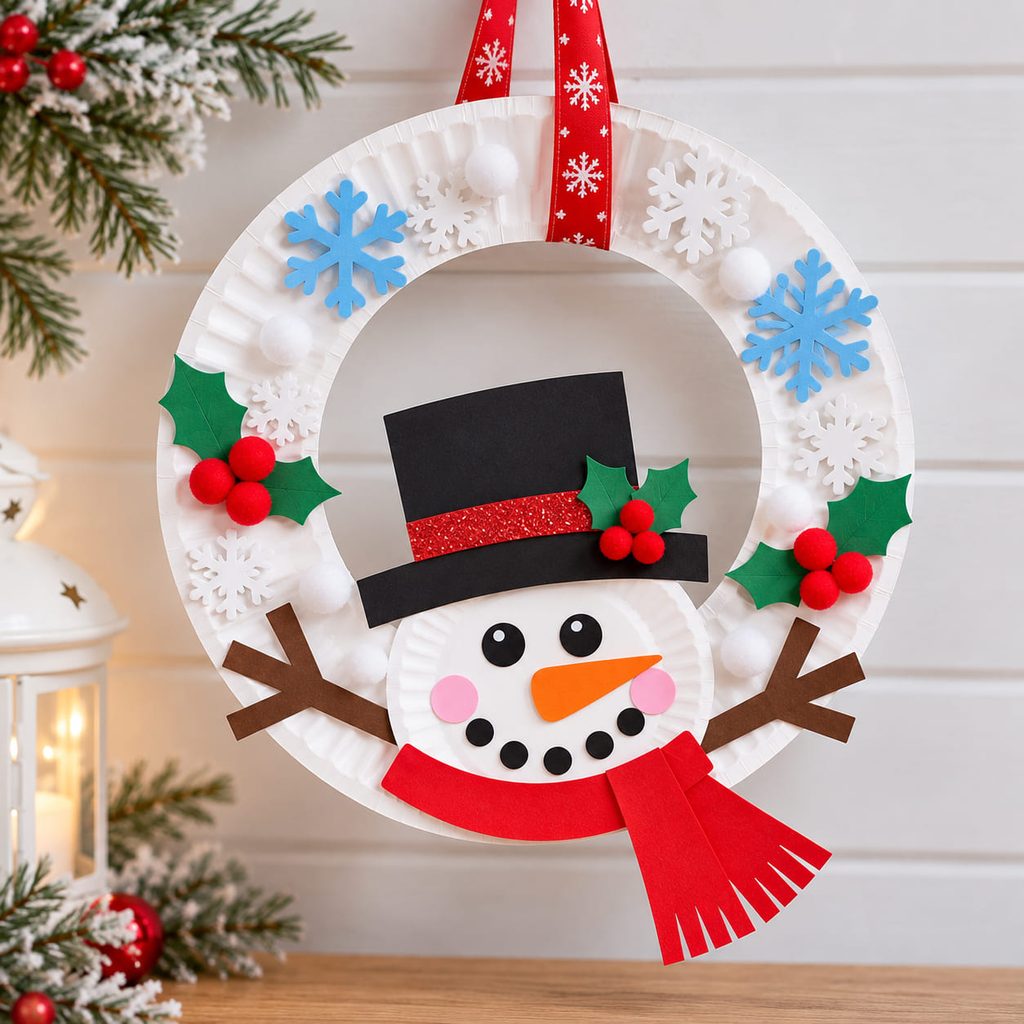 Paper plate snowman wreath with a cutout center