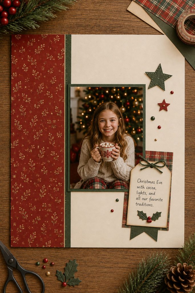 Christmas scrapbook page divided between a large portrait area and a deep red patterned color block.