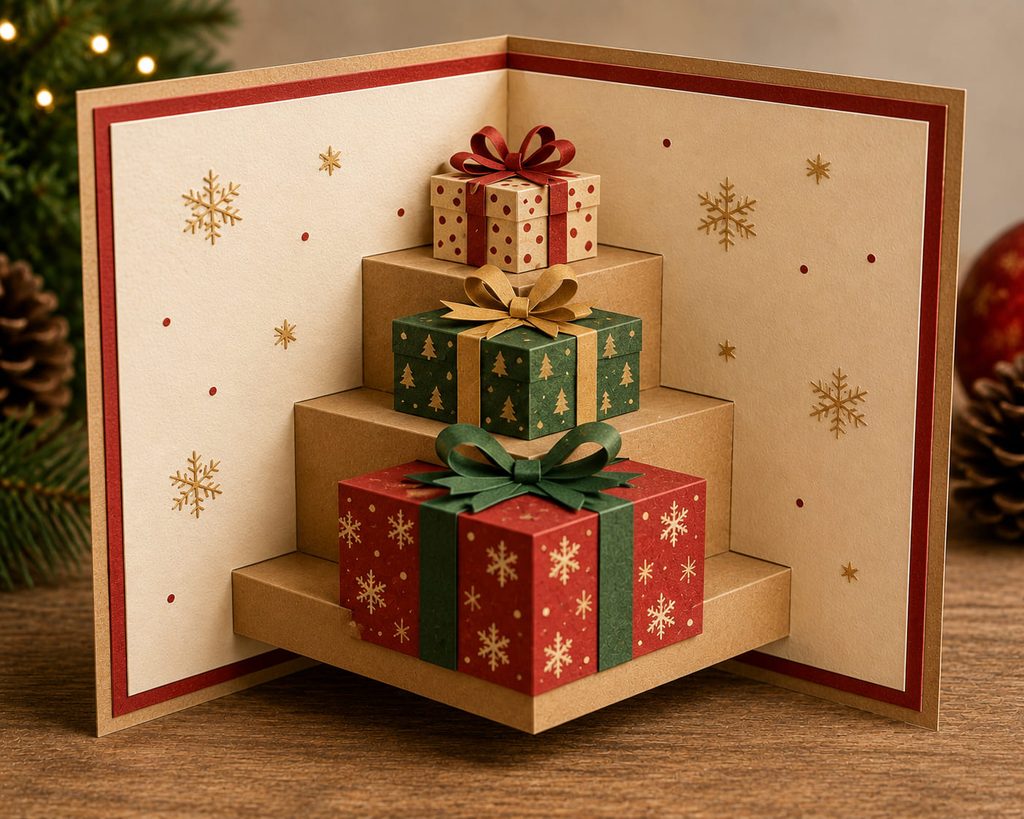 Open kraft Christmas card with three stair-step platforms holding layered red, green, and gold paper presents.