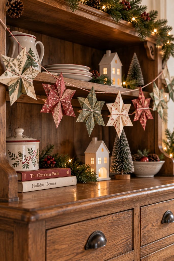 Stitched patchwork paper star garland draped across a wooden Christmas hutch.