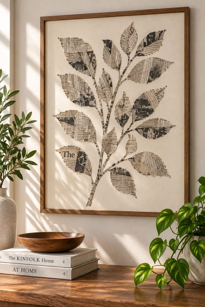 Torn newspaper leaves and stems forming a botanical silhouette on a cream framed backing.