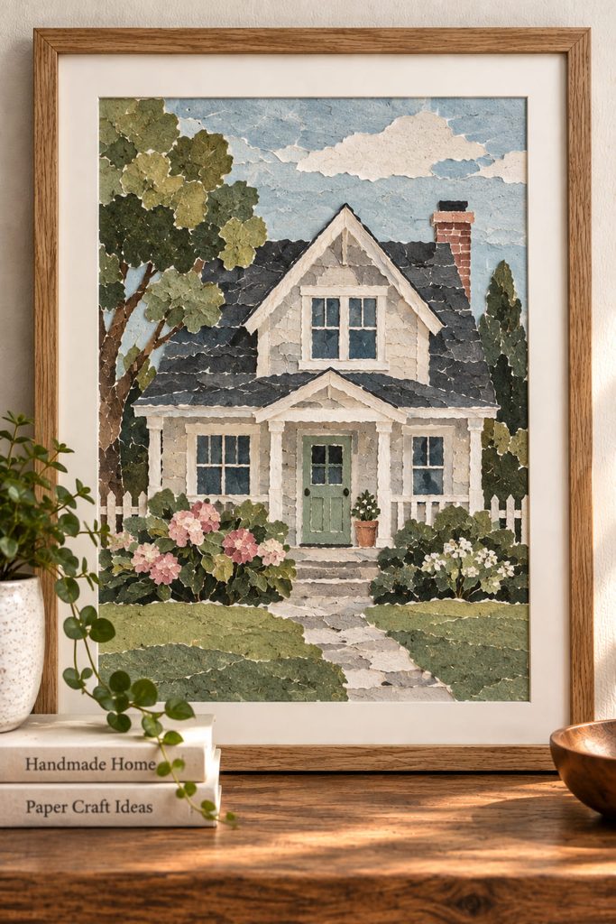 Torn-paper house portrait collage with simple roof, window, door, and garden shapes.