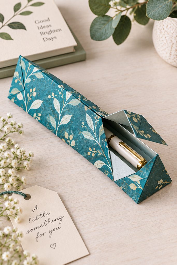 Long triangular folded paper gift box with a wrapped pen partly visible.