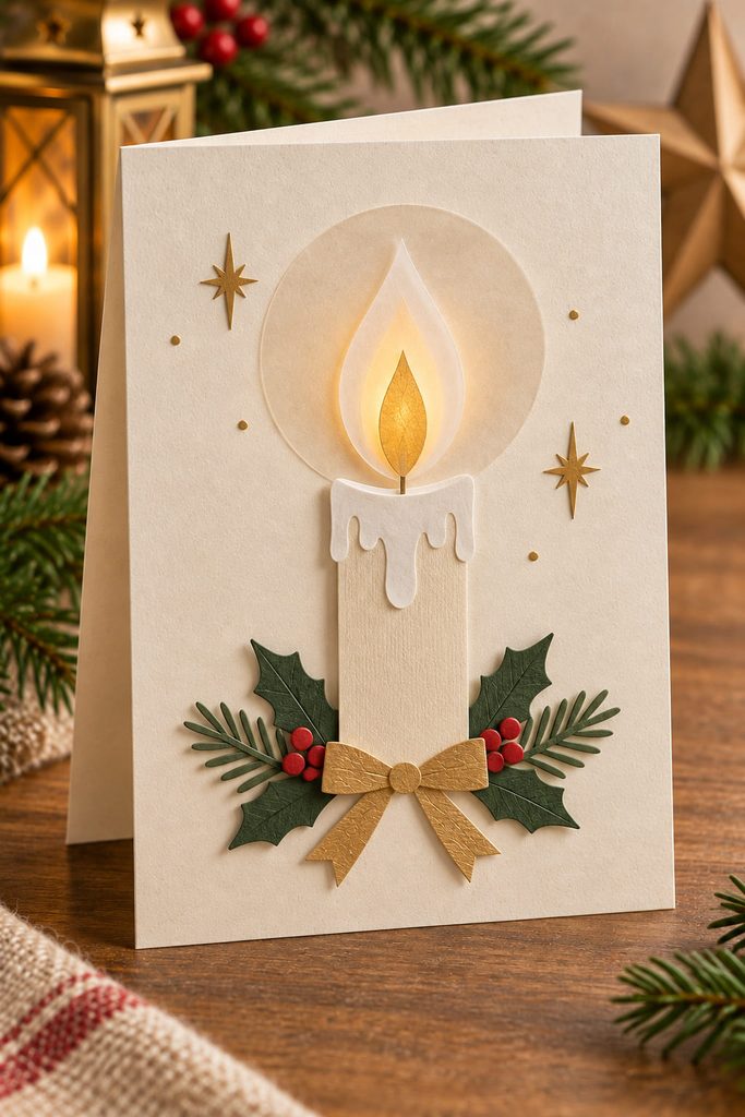 Minimal cream Christmas card with a vellum candle flame layered over warm gold paper.