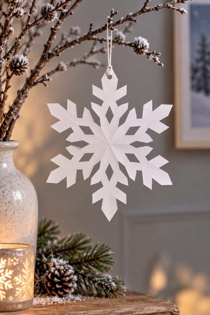 Wide-bridge paper snowflake hanging safely from thread on a winter branch.