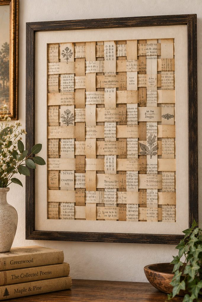 Framed over-under wall panel woven from narrow strips of printed book pages.