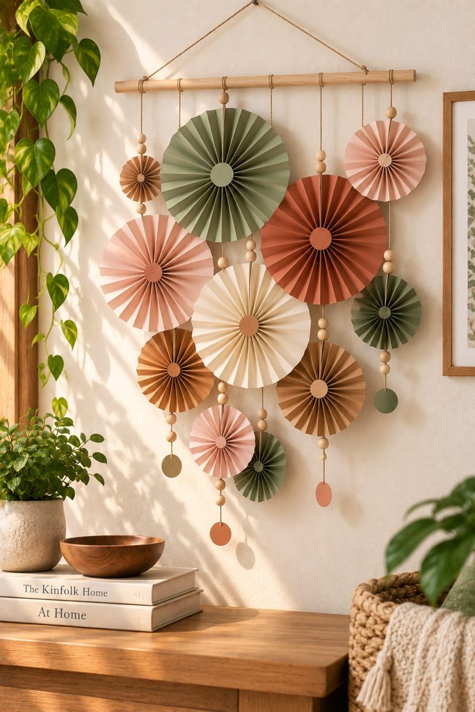Accordion-fold paper fans suspended in a layered wall-hanging cascade.