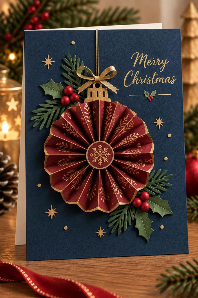 Pleated paper rosette ornament with crisp radial ridges on the front of a navy Christmas card.