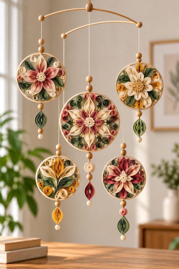 Quilled paper medallion mobile suspended with balanced spacing and room to move.