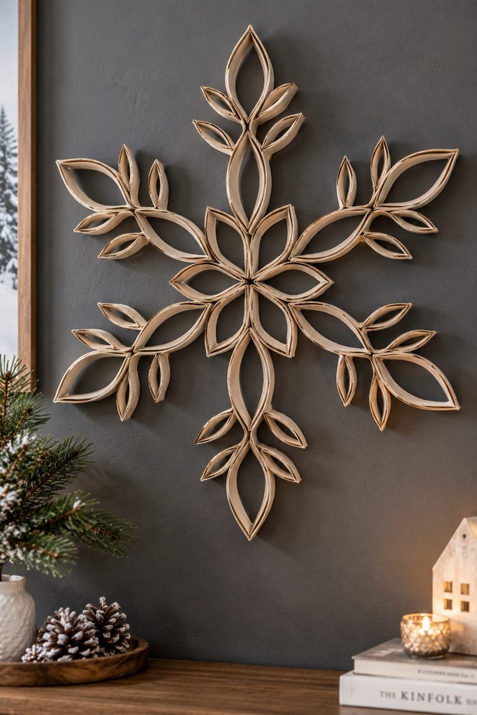 Large branched cardboard-tube snowflake medallion with six evenly forked arms on a dark wall.
