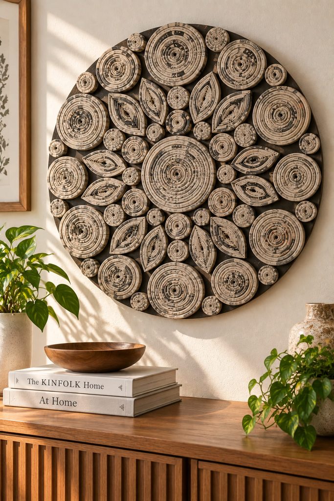 Circular relief medallion assembled from tightly coiled newspaper bands on a dark backing.