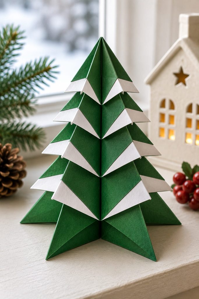 Green folded Christmas tree with white reverse-paper folds creating snow-capped branch bands.