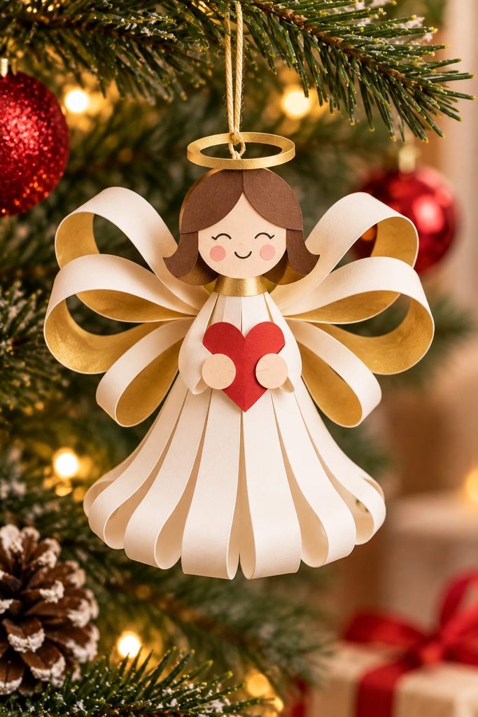Construction-paper angel ornament with curled wings and a balanced hanging body.