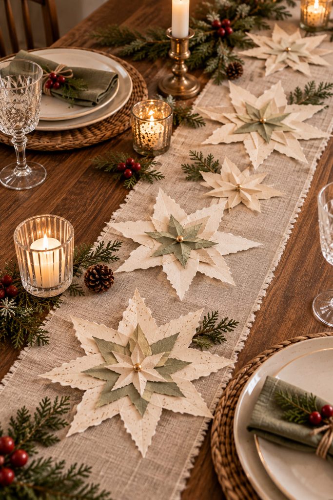 Layered deckle-edge paper stars spaced in loose clusters along a linen table runner.