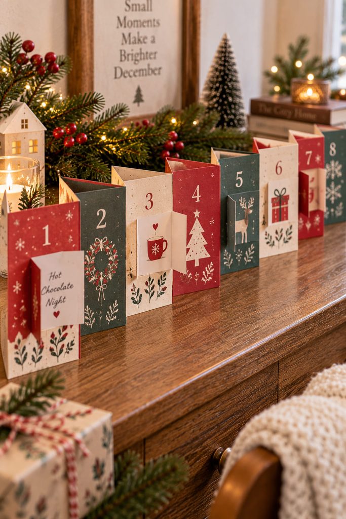 Fold-out accordion paper advent book standing open with small activity flaps.