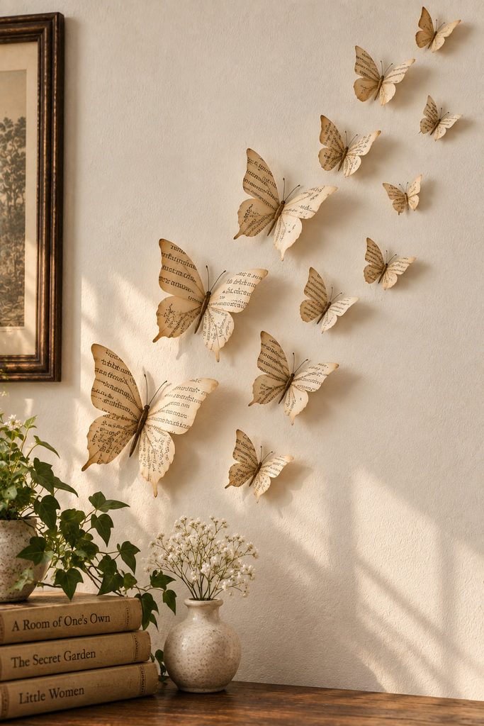 Folded book-page butterflies rising diagonally across a pale wall with lifted wings.