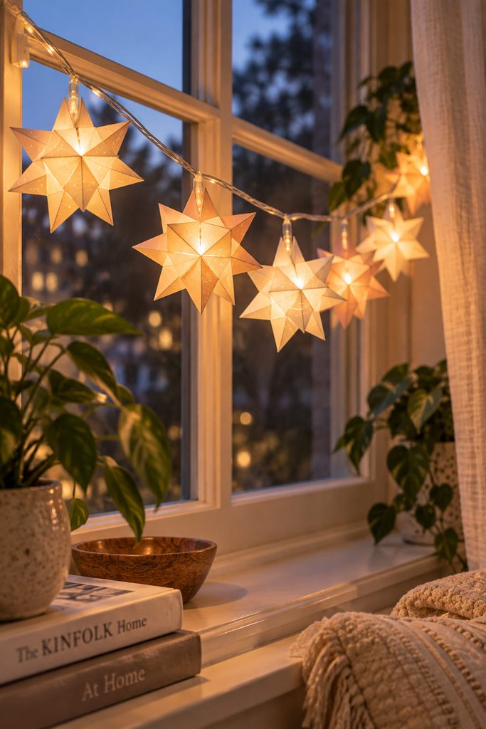 Folded translucent paper star-pod lights hanging across a window on a micro-LED garland.