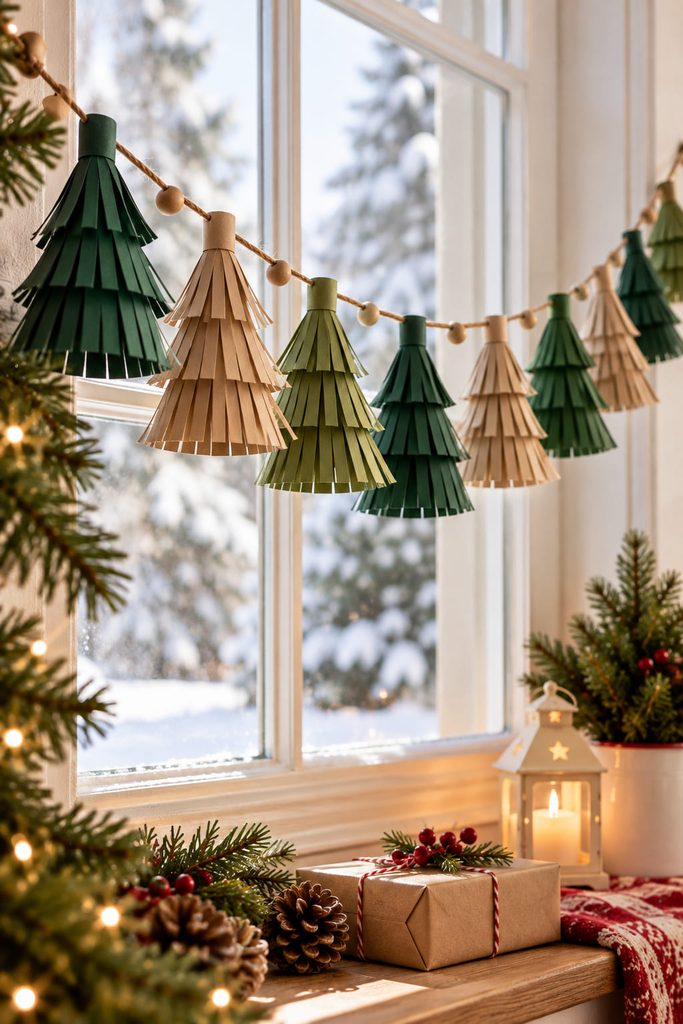 Fringed paper Christmas tree tassels hanging in a handmade window garland.