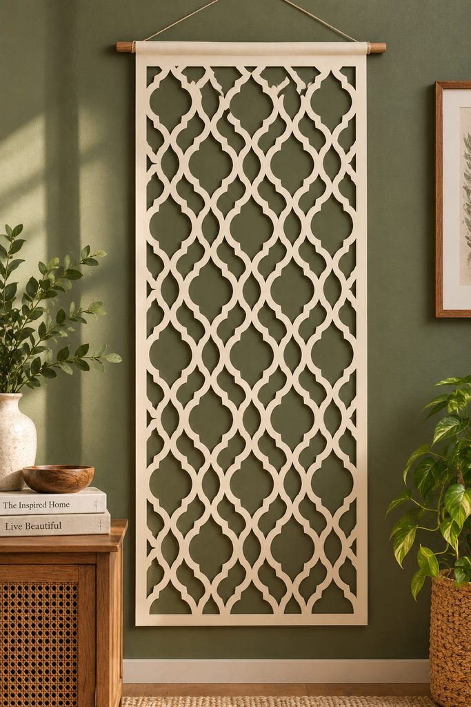 Tall ivory cut-paper lattice with repeating geometric openings suspended against a sage wall.