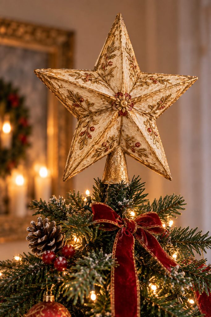 Gilded paper-mache star tree topper mounted upright on a fir tip with its tapered paper sleeve partly visible.