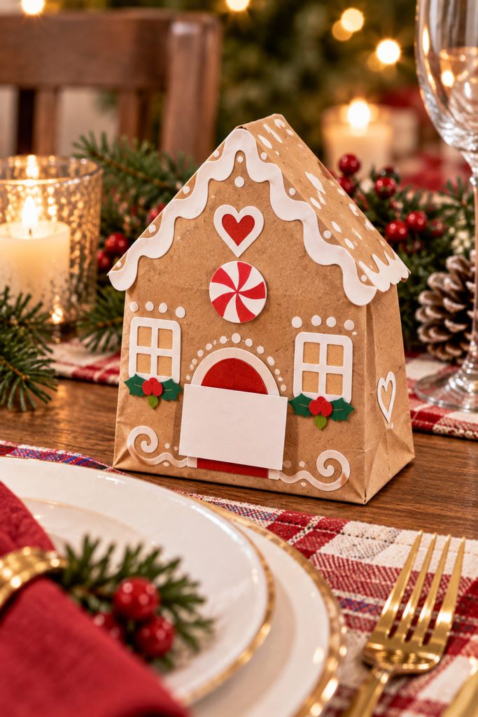 Short kraft gingerbread house marker standing beside a holiday plate with a blank doorway place card.