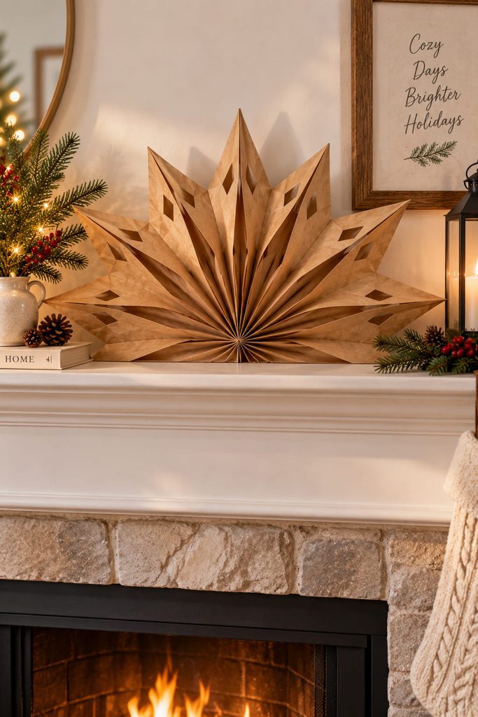 Half-star paper bag fan supported upright on a holiday mantel.