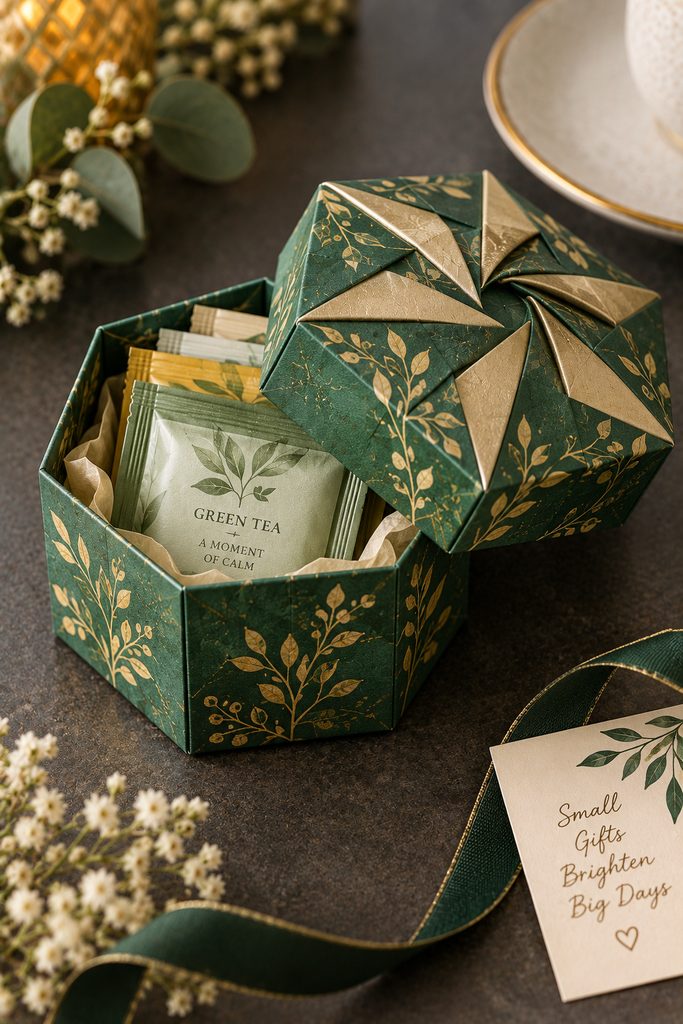Hexagonal folded paper box with a geometric twist lid and tea sachets inside.