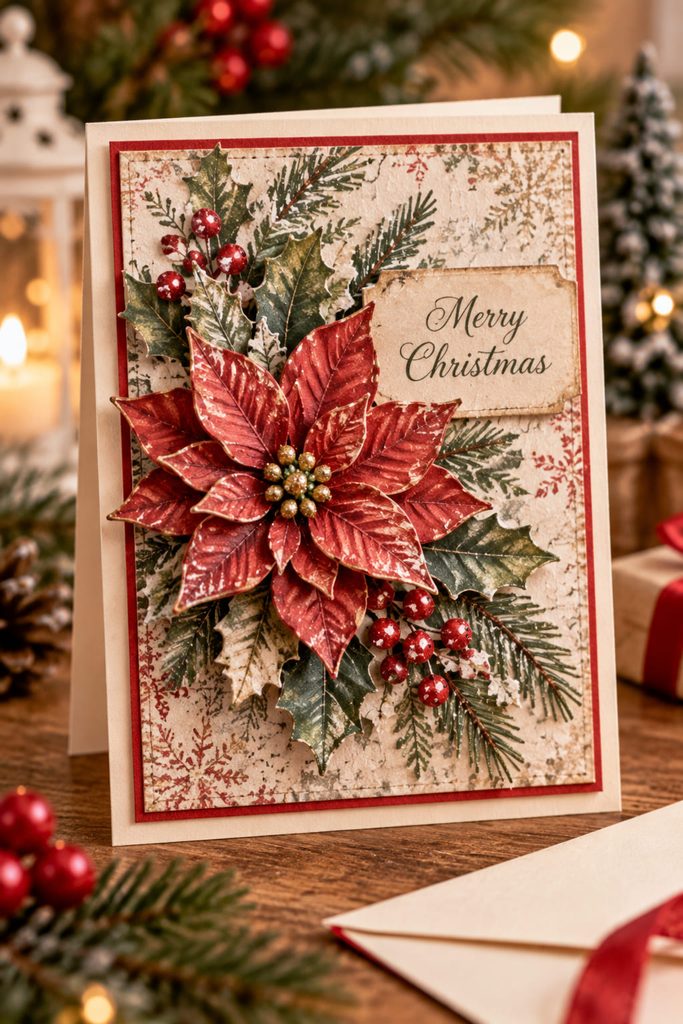 Christmas card with precisely layered decoupage motifs raised in shallow relief above the printed base image.