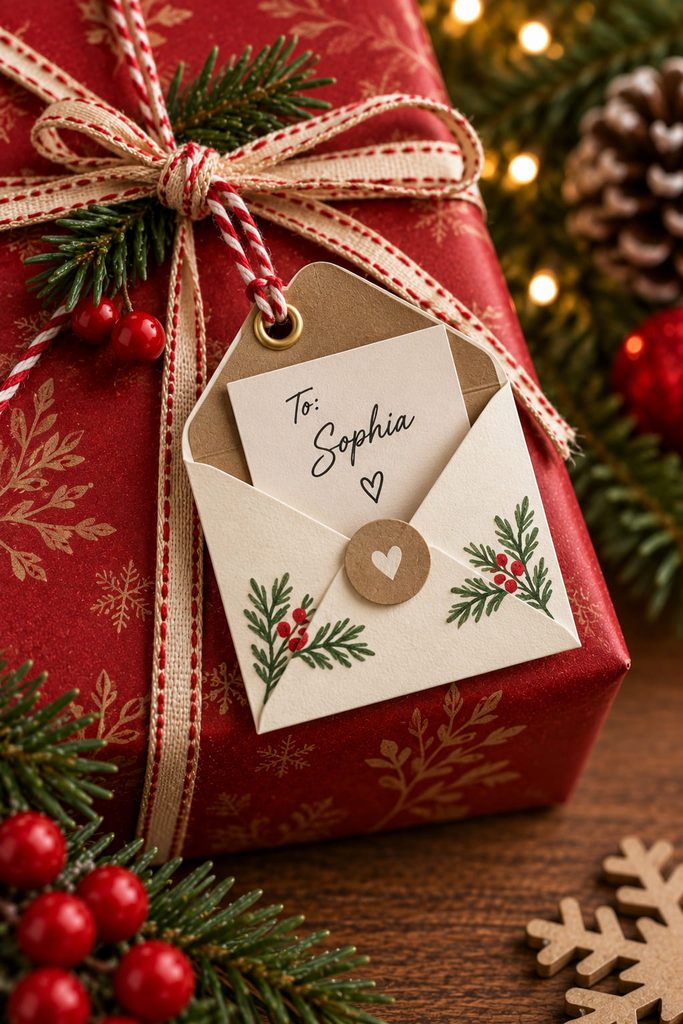 Mini paper envelope gift tag with a removable note tucked inside.