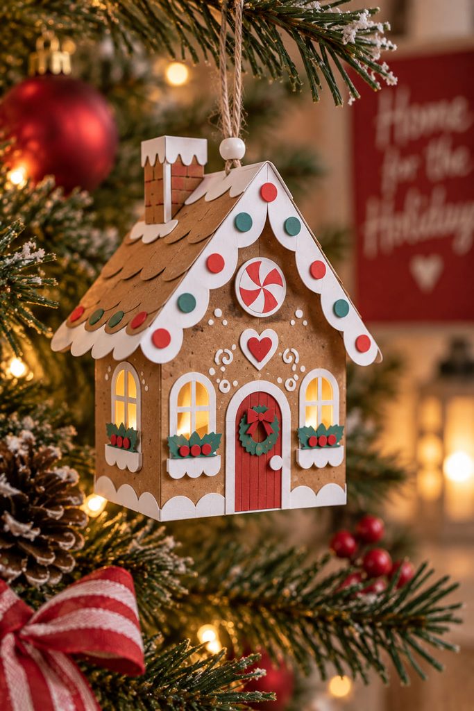 Miniature gingerbread house ornament hanging from an evergreen branch by a reinforced paper ridge and thread loop.