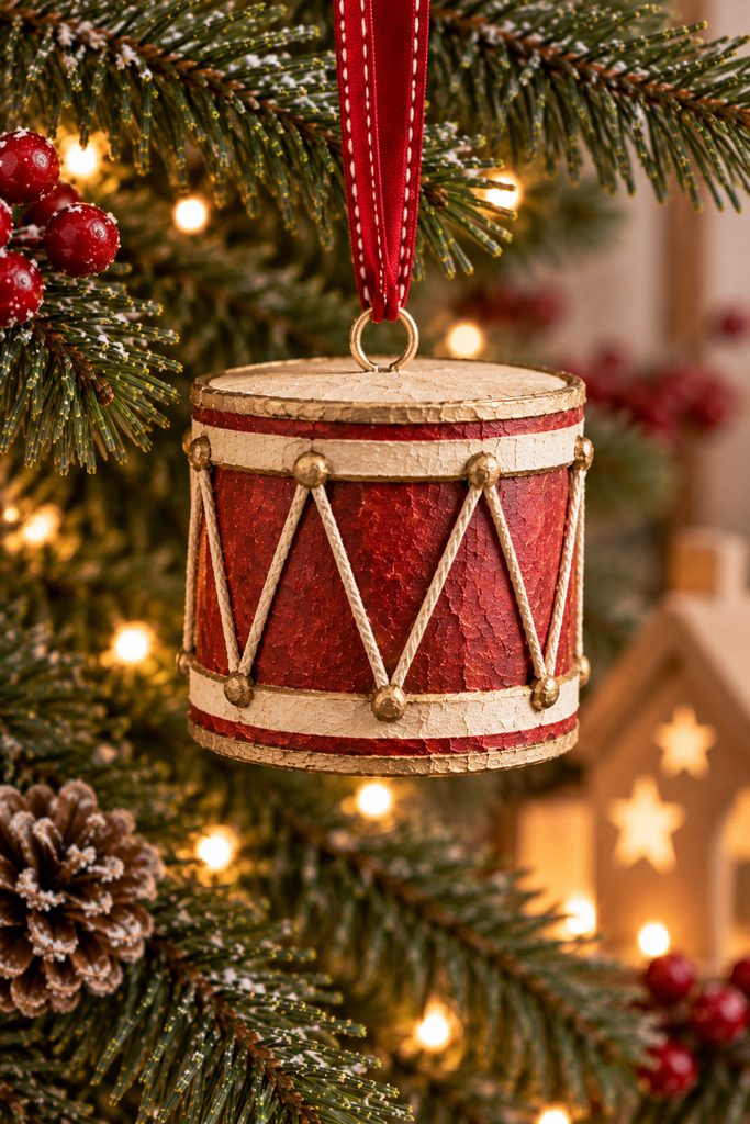 Mini paper-mache toy drum ornament with faded painted bands and raised diagonal lacing.