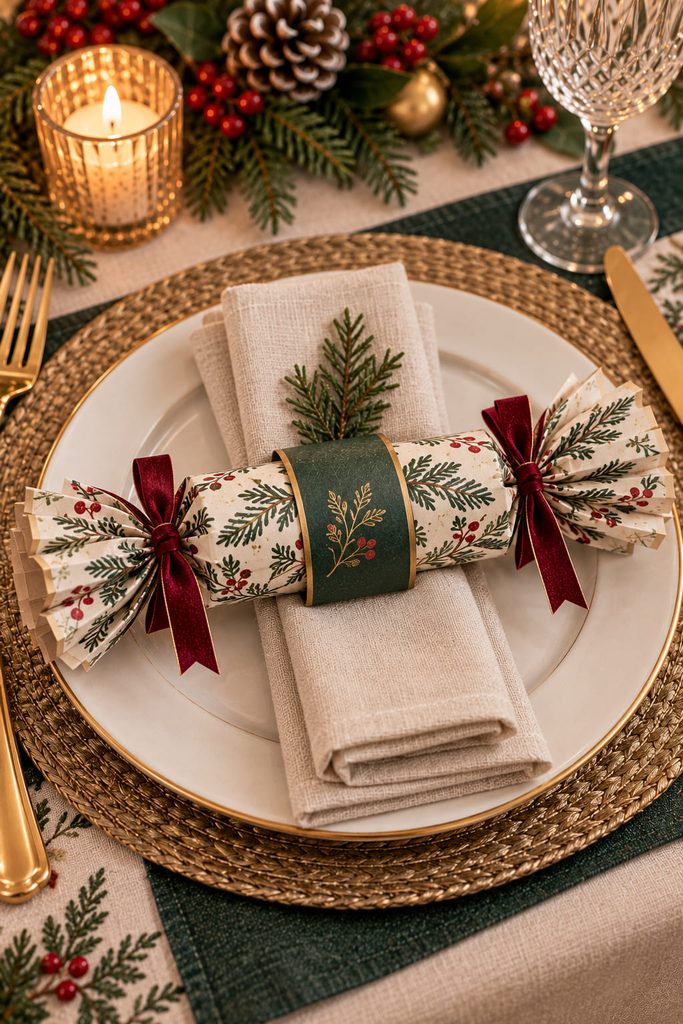 Paper Christmas cracker held neatly over a folded linen napkin by a removable band.